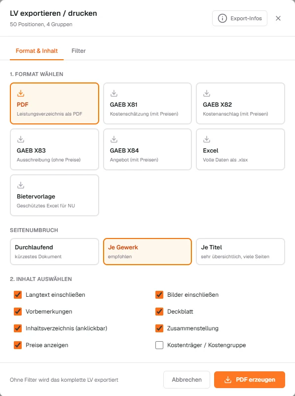 Export und Druck: Format wählen, Inhalt zusammenstellen - die Bietervorlage ist das geschützte Excel für Ihre Nachunternehmer.