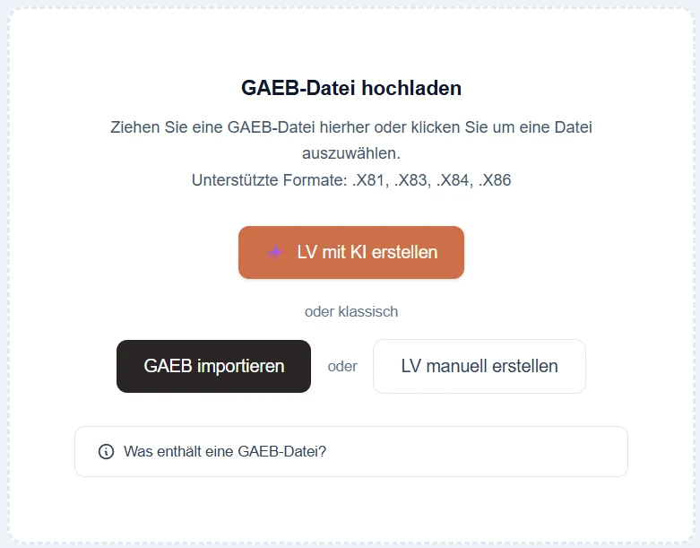 Drei Wege ins LV: GAEB hineinziehen, mit BauKI erstellen oder manuell aufbauen.