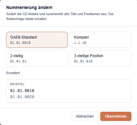 Die OZ-Maske bestimmt die Nummernstruktur - später änderbar, BauGrid nummeriert dann alles neu.