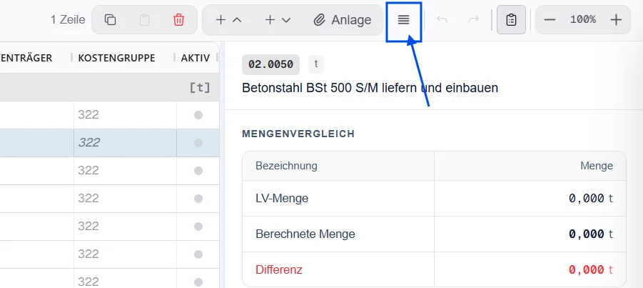 Der Knopf Anlage hängt die Datei an die markierte Zeile, das Menü daneben zeigt alle Anlagen der LV-Positionen.