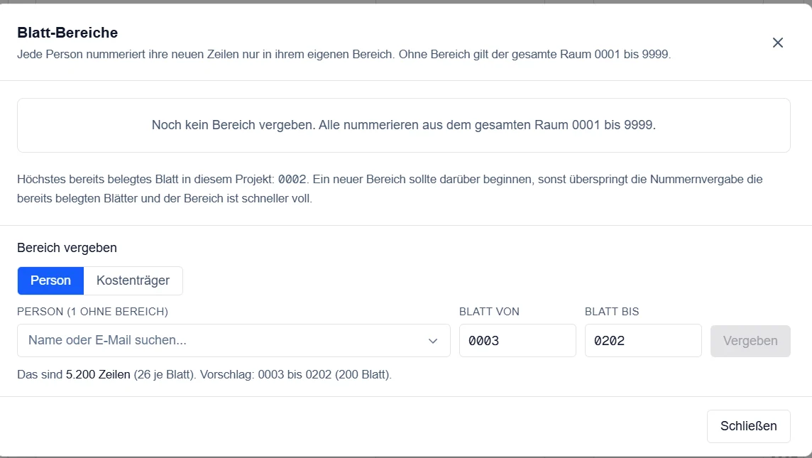 Bereich vergeben: Person oder Kostenträger wählen, Blatt von-bis eintragen - der Vorschlag beginnt über dem höchsten belegten Blatt.