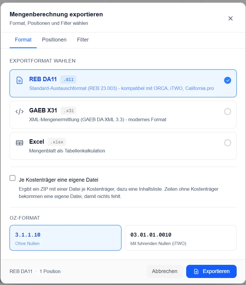 Der Export: DA11 oder X31 für den Auftraggeber, Excel für die eigene Auswertung.