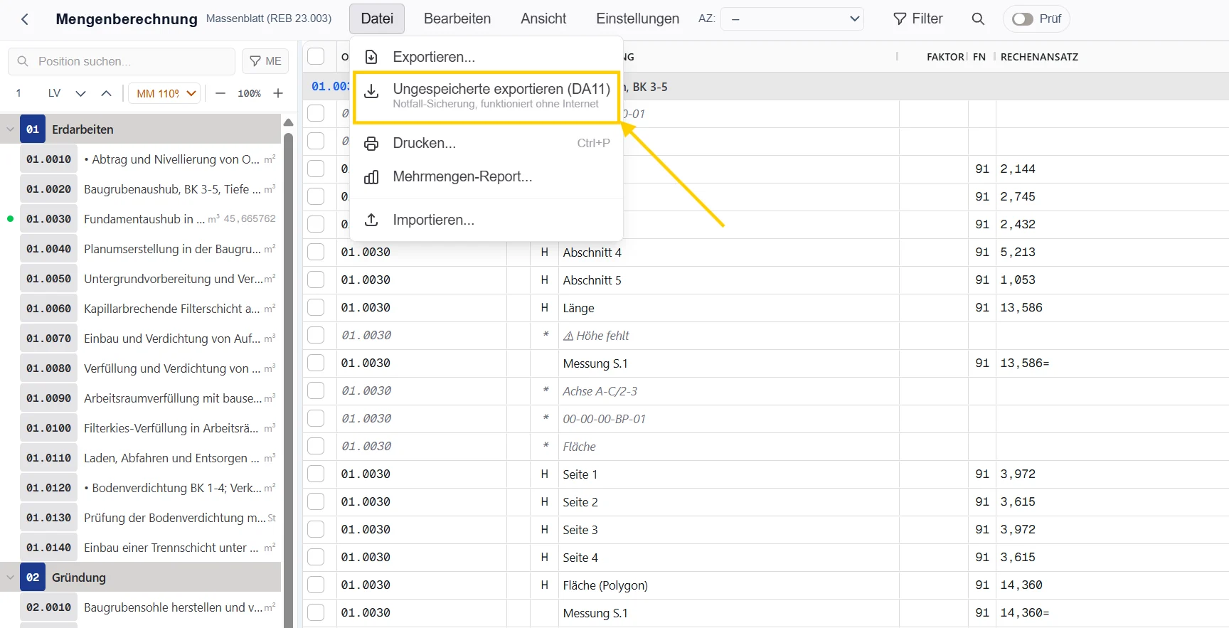 Der Notfall-Export erzeugt die DA11-Datei im Browser, ganz ohne Server.