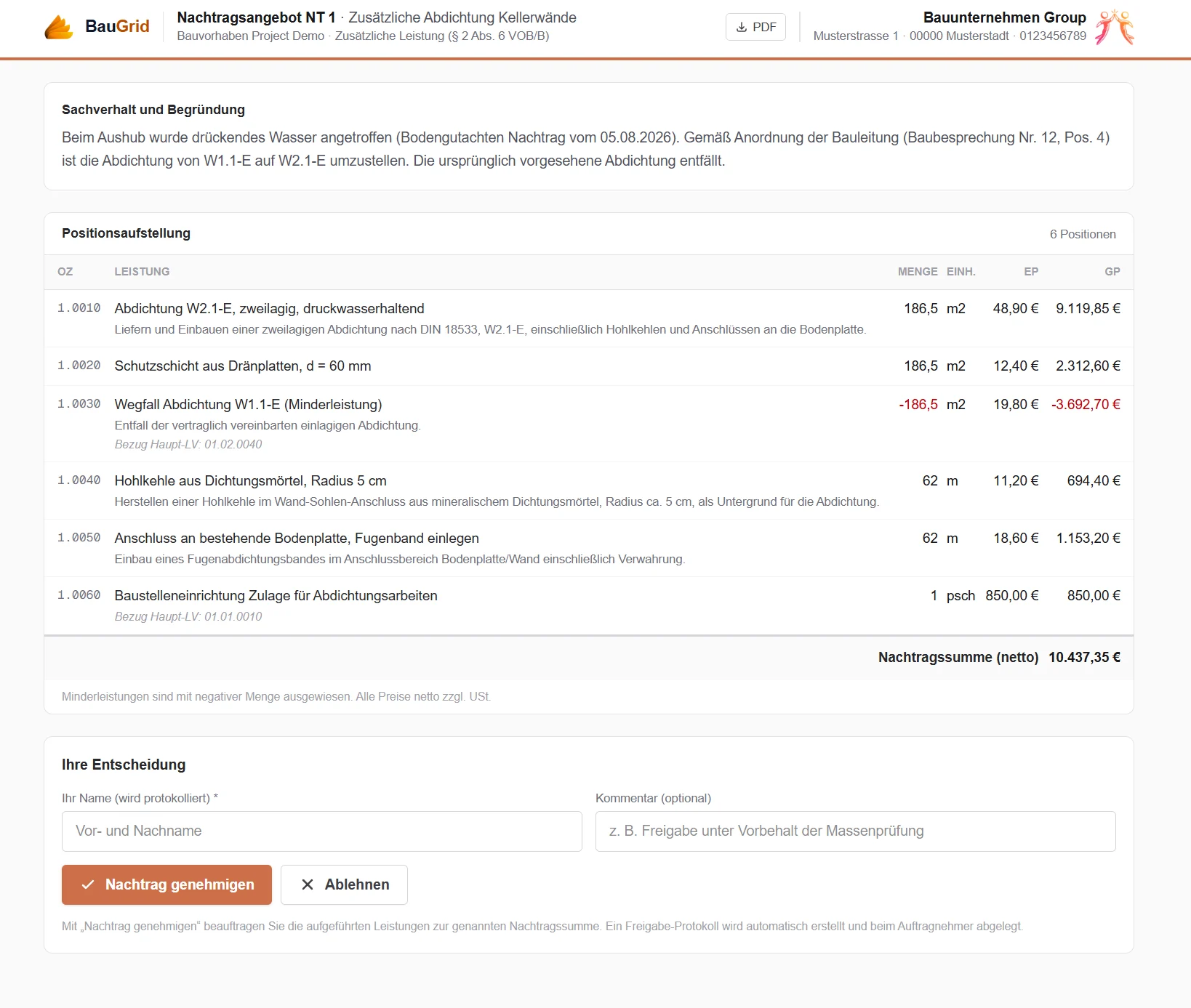 Der Bauherr entscheidet über den Freigabe-Link - Name und Zeitpunkt werden protokolliert.