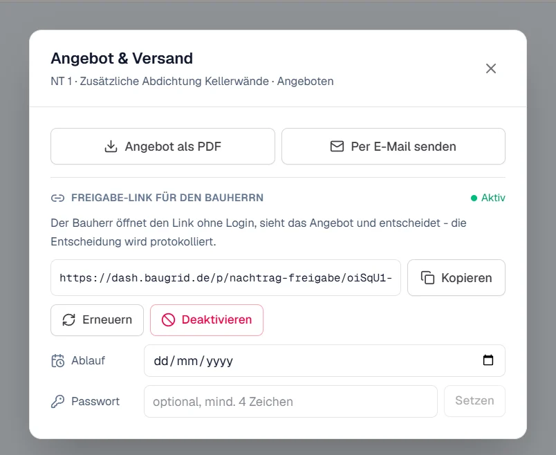 Angebot und Versand: PDF, E-Mail und der Freigabe-Link mit Ablauf, Passwort, Erneuern und Deaktivieren.