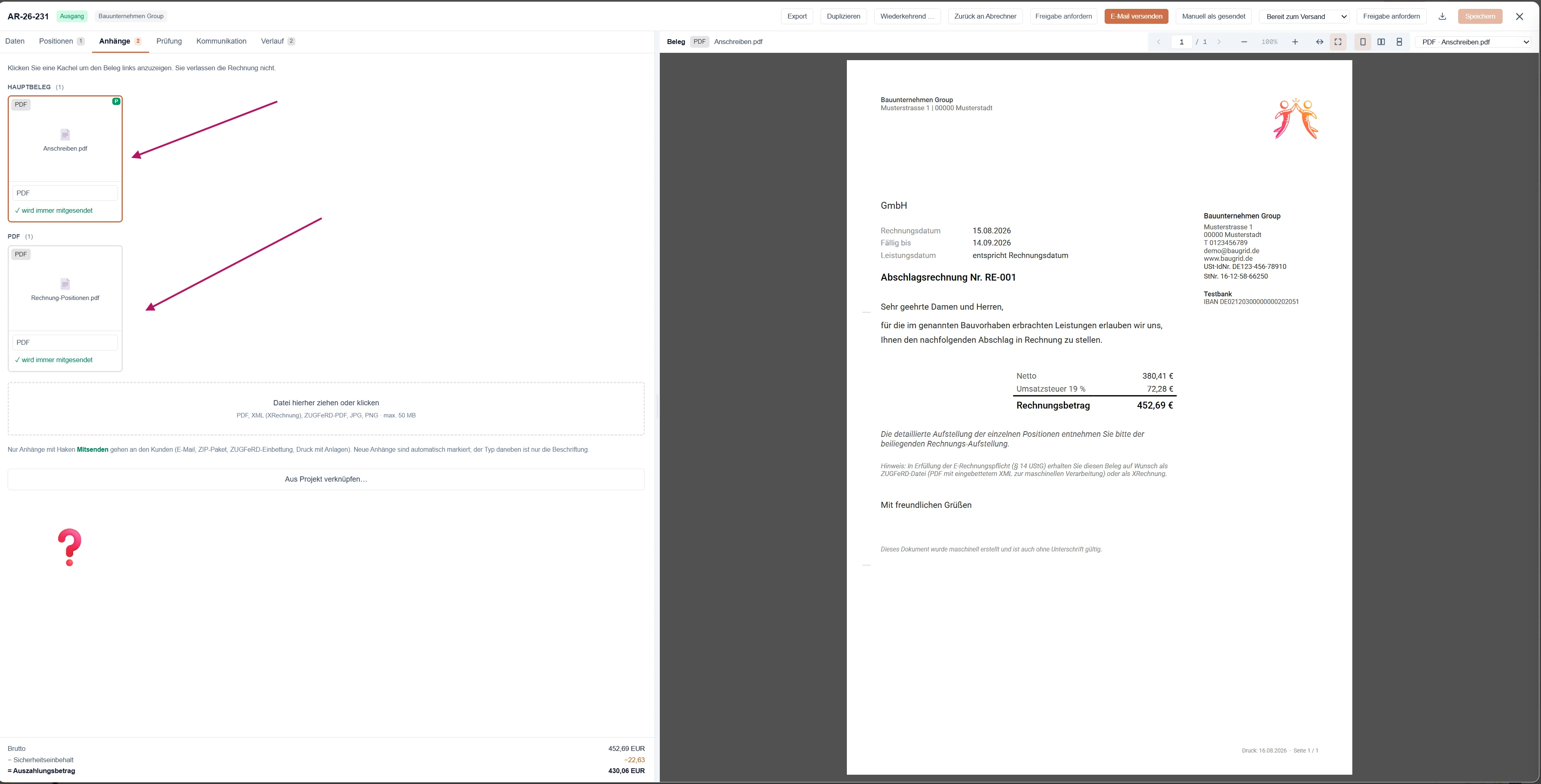 Der Anhänge-Tab: Anschreiben und Positionsaufstellung gehen immer mit, alles Weitere nur mit dem Haken Mitsenden.