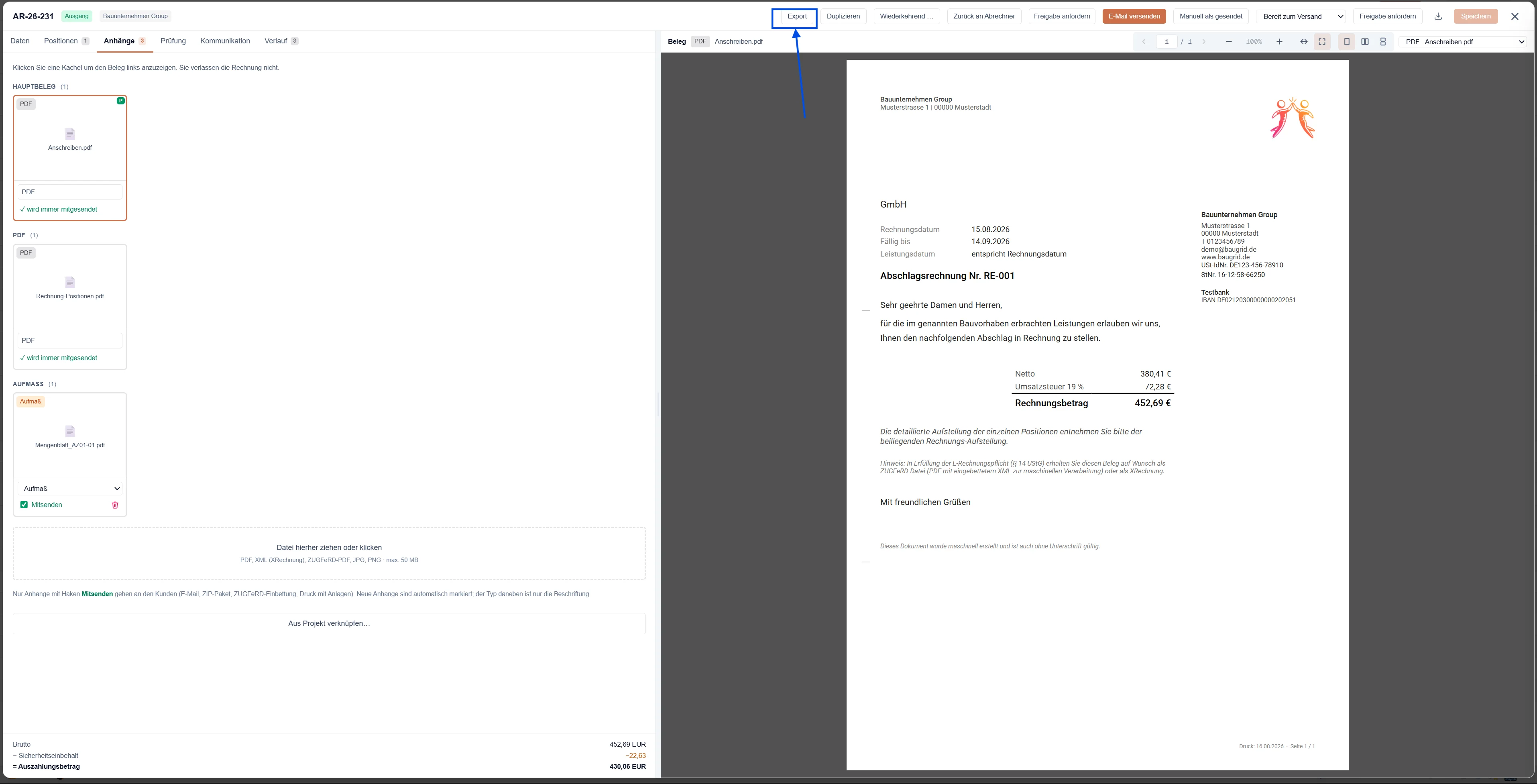 Oben im Beleg: Export, Duplizieren, Wiederkehrend, Zurück an Abrechner, Freigabe anfordern und E-Mail versenden.